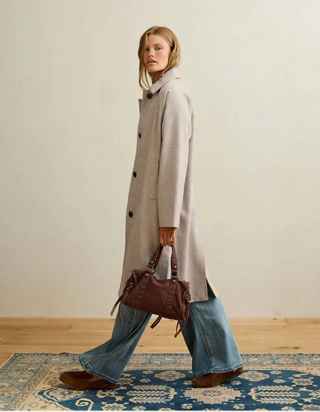 American Eagle wool topcoat in latte, worn
